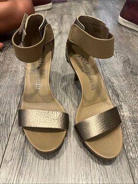 Pedro Garcia Metallic Taupe and Taupe Leather Ankle-Strap Heels